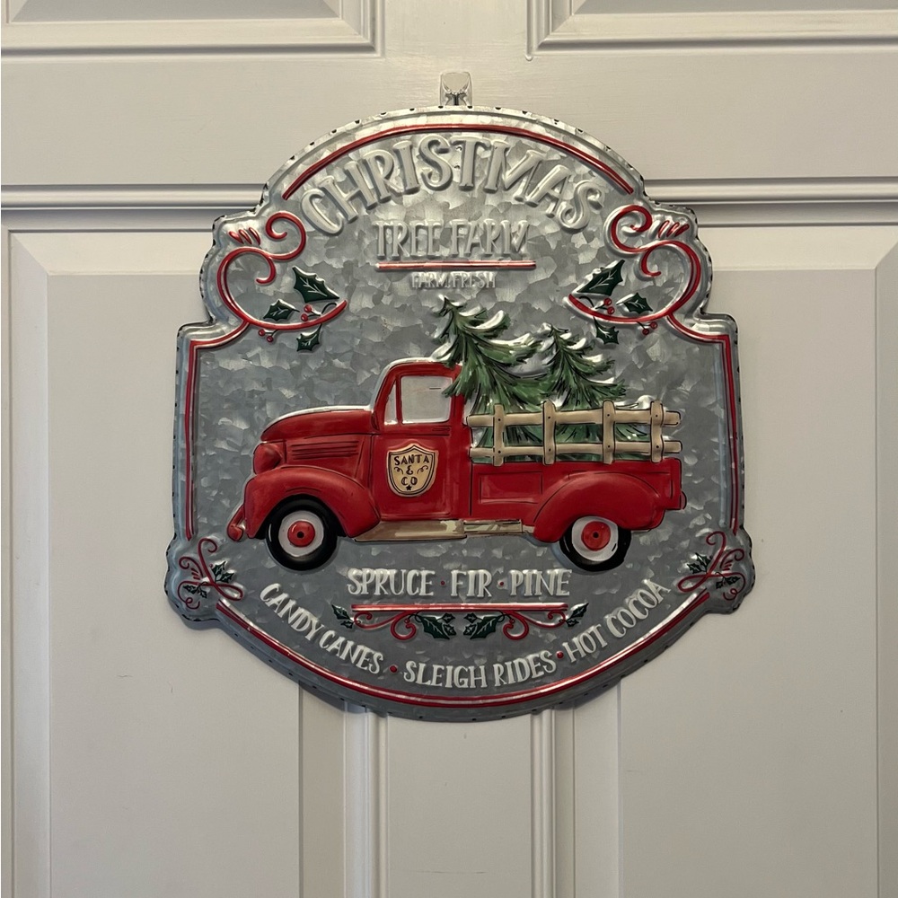 Red Tin Christmas Tree Farm Wall Decor
